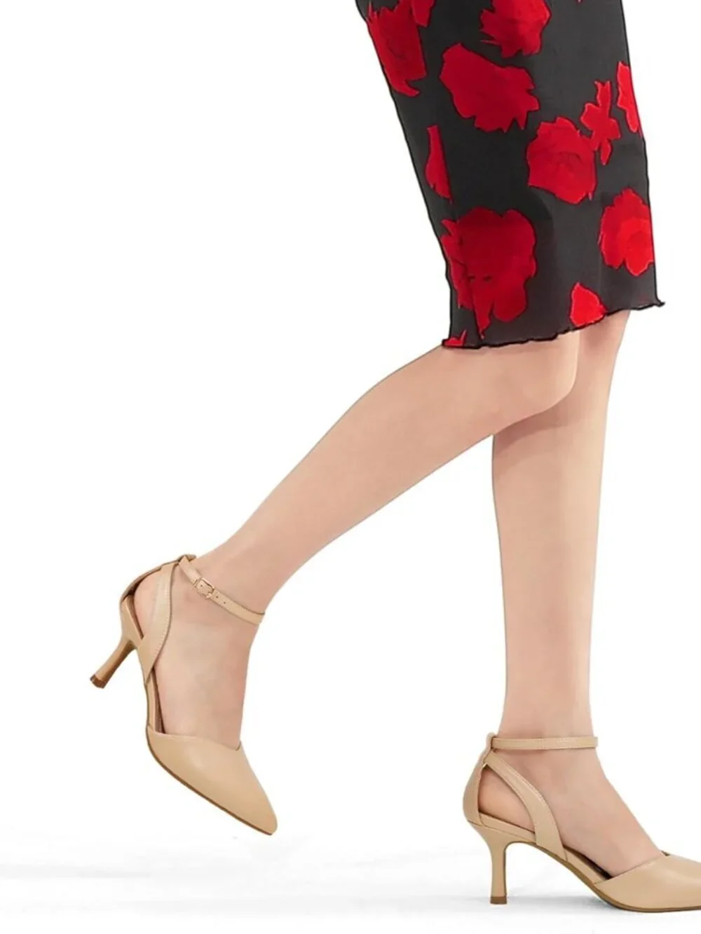 Women's Nude Pu Pumps Shoes Pointed Toe Kitten Low Heels Ankle Strap